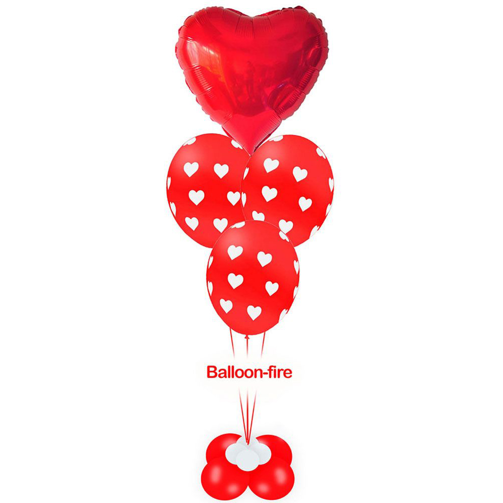 Heart red foil 36 inch with 3 balloons printed with hearts filled with helium in a big base