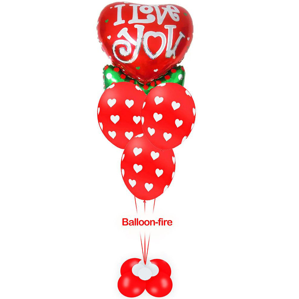 Heart I love you with ribbon print foil 36 inch with 3 balloons printed with hearts filled with helium in a big base