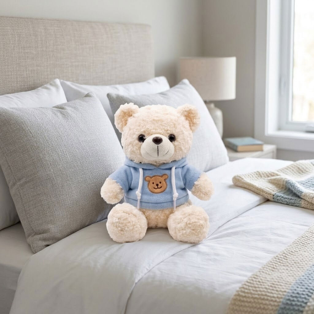 Plush Toy Bear Beige with Blue Hoodie - 22cm sitting