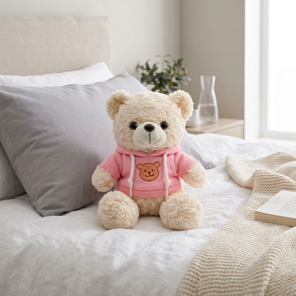 Plush Toy Bear Beige with Pink Hoodie - 22cm sitting