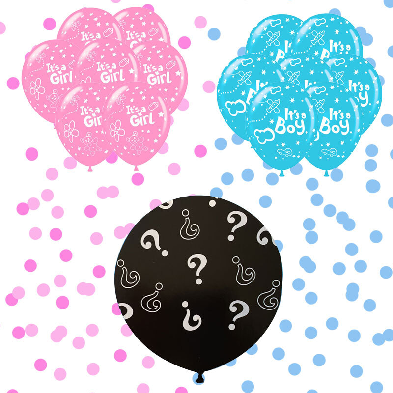 Gender reveal Μπαλόνια 15 τεμ. σετ με κομφετί. Περιλαμβάνει 1 τεμ 18''με ερωτηματικά και κομφετί επιλογής σας, 7 μπαλόνια It's a boy, 7 μπαλόνια It's a girl 2