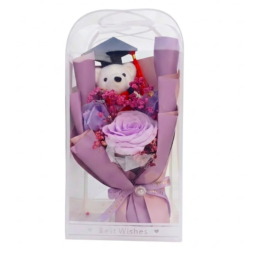 Graduation Gift with Teddy Bear and Synthetic Roses - Lilac - 13 x 26
