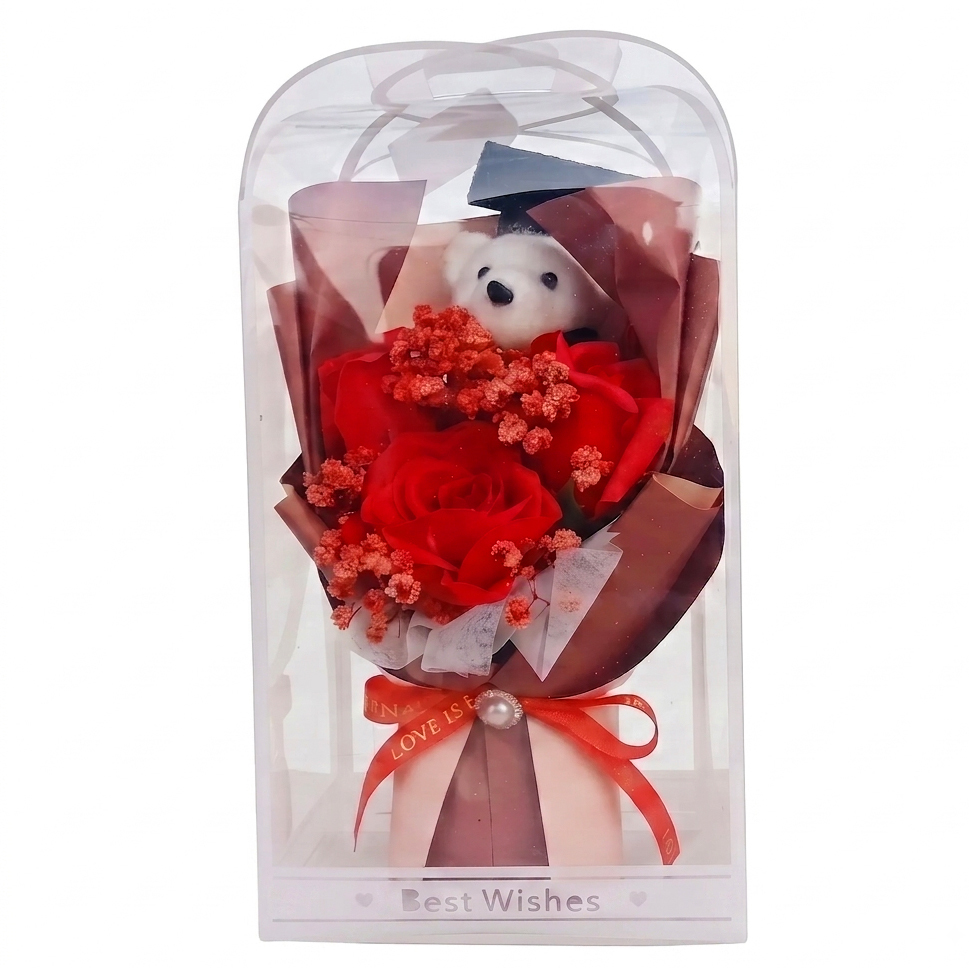 Graduation Gift with Teddy Bear and Synthetic Roses - Red - 13 x 26