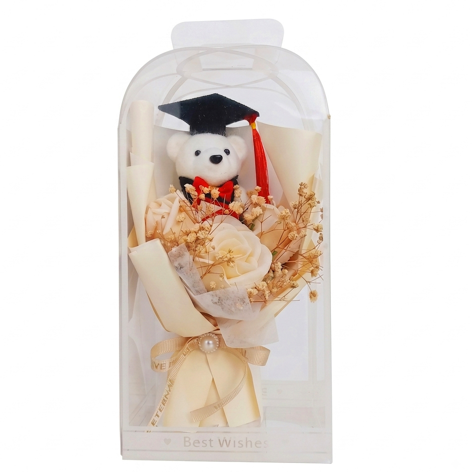 Graduation Gift with Teddy Bear and Synthetic Roses - Cream - 13 x 26 cm