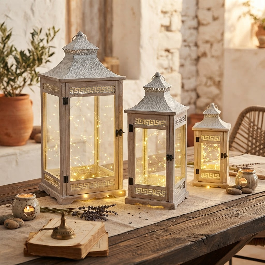 Wooden Lanterns Beige (3 Piece Set)