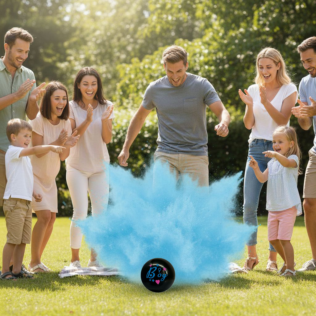 Μπάλα Μαύρη Gender Reveal Boy or Girl με Γαλάζια Πούδρα 2
