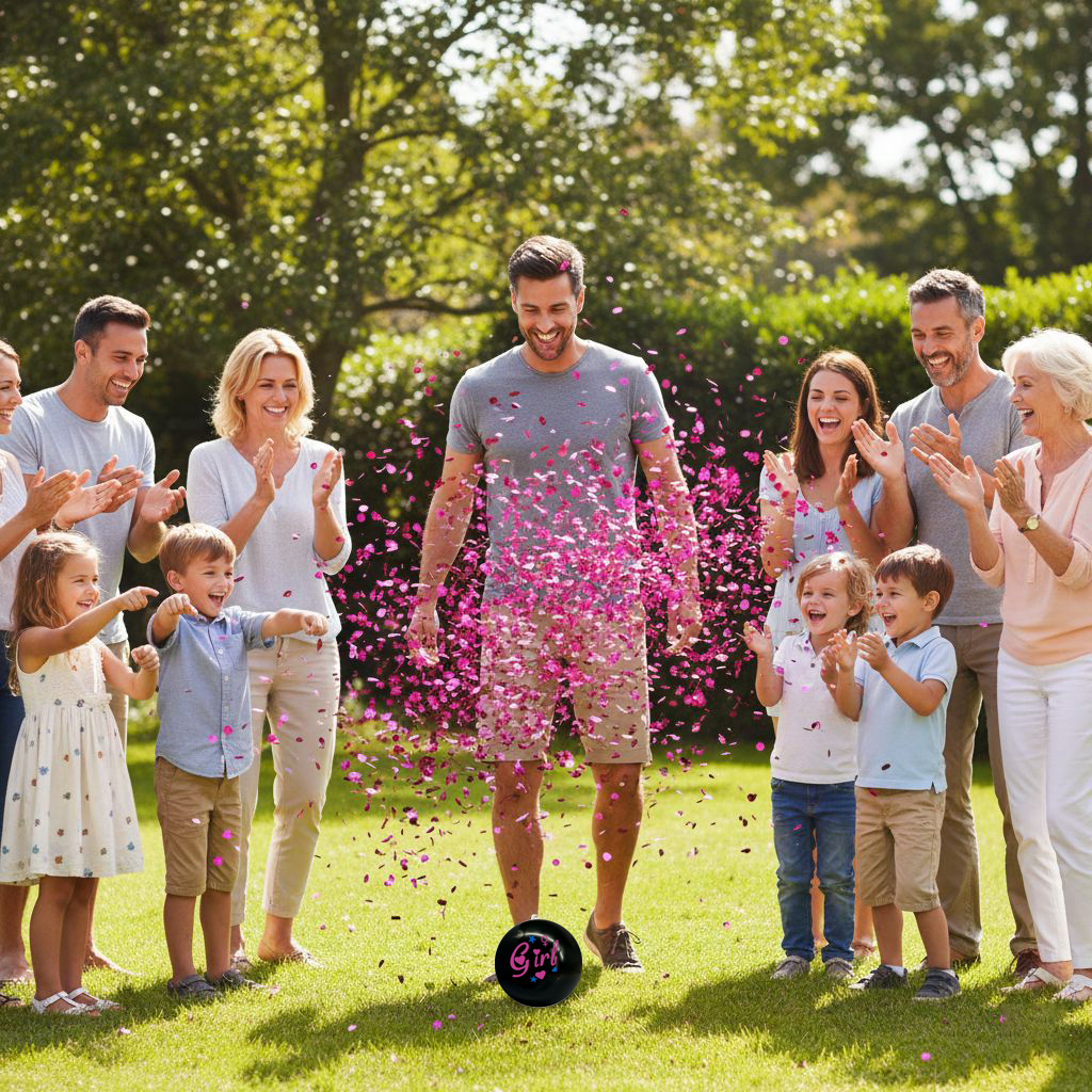 Μπάλα Μαύρη Gender Reveal Boy or Girl με Φούξια Κομφετί 2