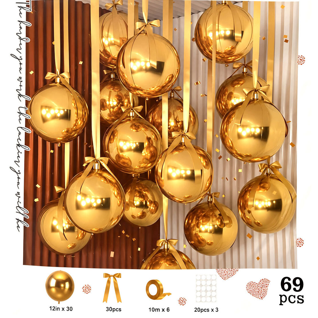Μπαλόνια Latex Elegant Decoration Χρυσά σετ 69 τεμ (περιλαμβάνει τα μπαλόνια και τις κορδέλες τους)  
