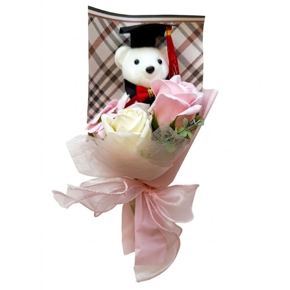 Graduation Gift Teddy Bear with Flower Bouquet in Transparent Gift Bag - 12 x 27 cm