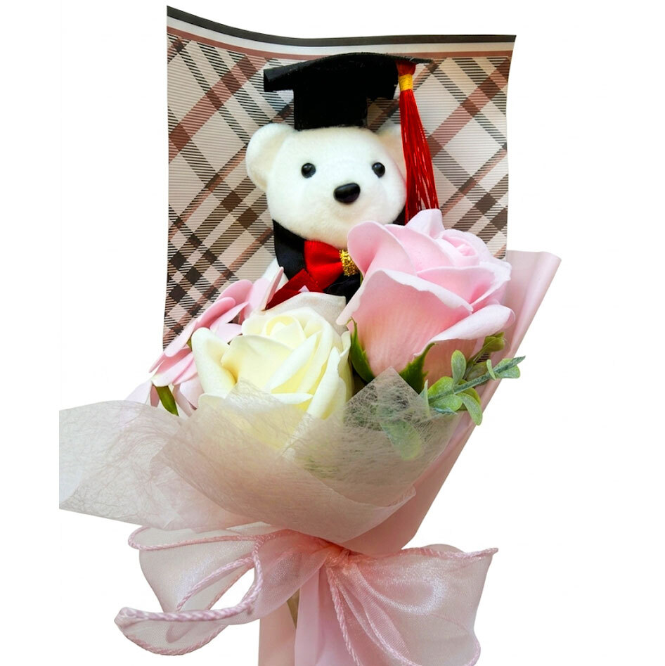 Graduation Gift Teddy Bear with Flower Bouquet in Transparent Gift Bag - 12 x 27 cm
