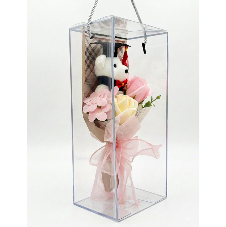 Graduation Gift Teddy Bear with Flower Bouquet in Transparent Gift Bag - 12 x 27 cm