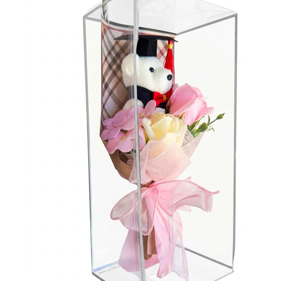 Graduation Gift Teddy Bear with Flower Bouquet in Transparent Gift Bag - 12 x 27 cm