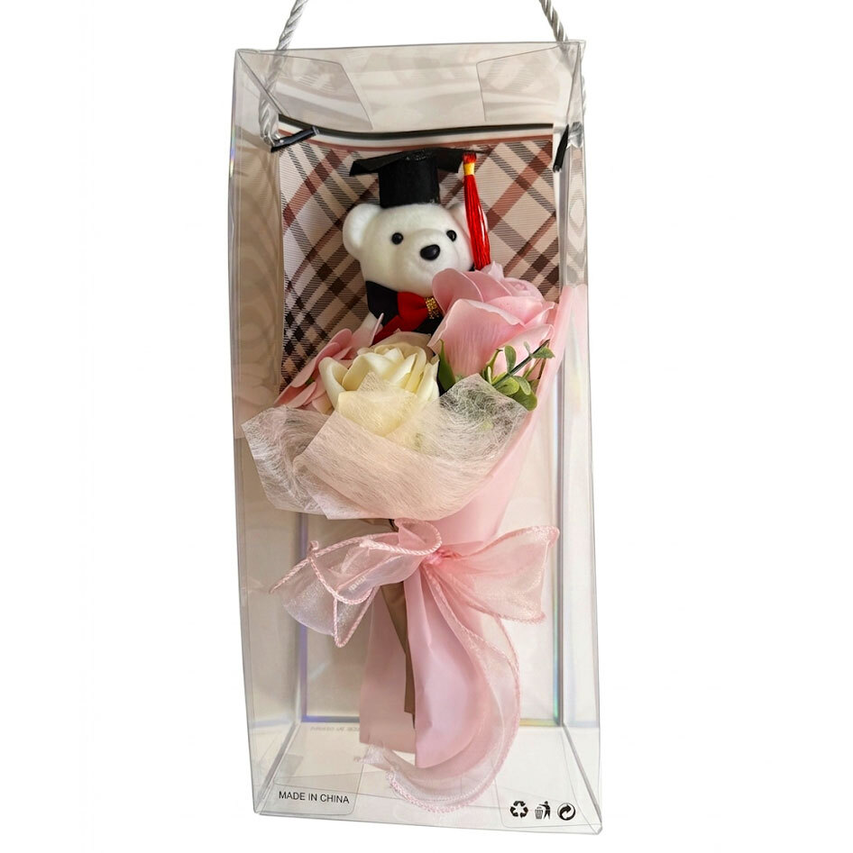 Graduation Gift Teddy Bear with Flower Bouquet in Transparent Gift Bag - 12 x 27 cm