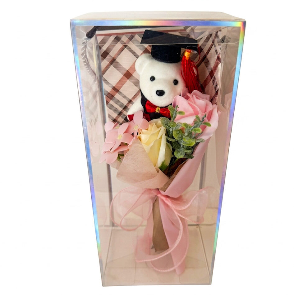 Graduation Gift Teddy Bear with Flower Bouquet in Transparent Gift Bag - 12 x 27 cm