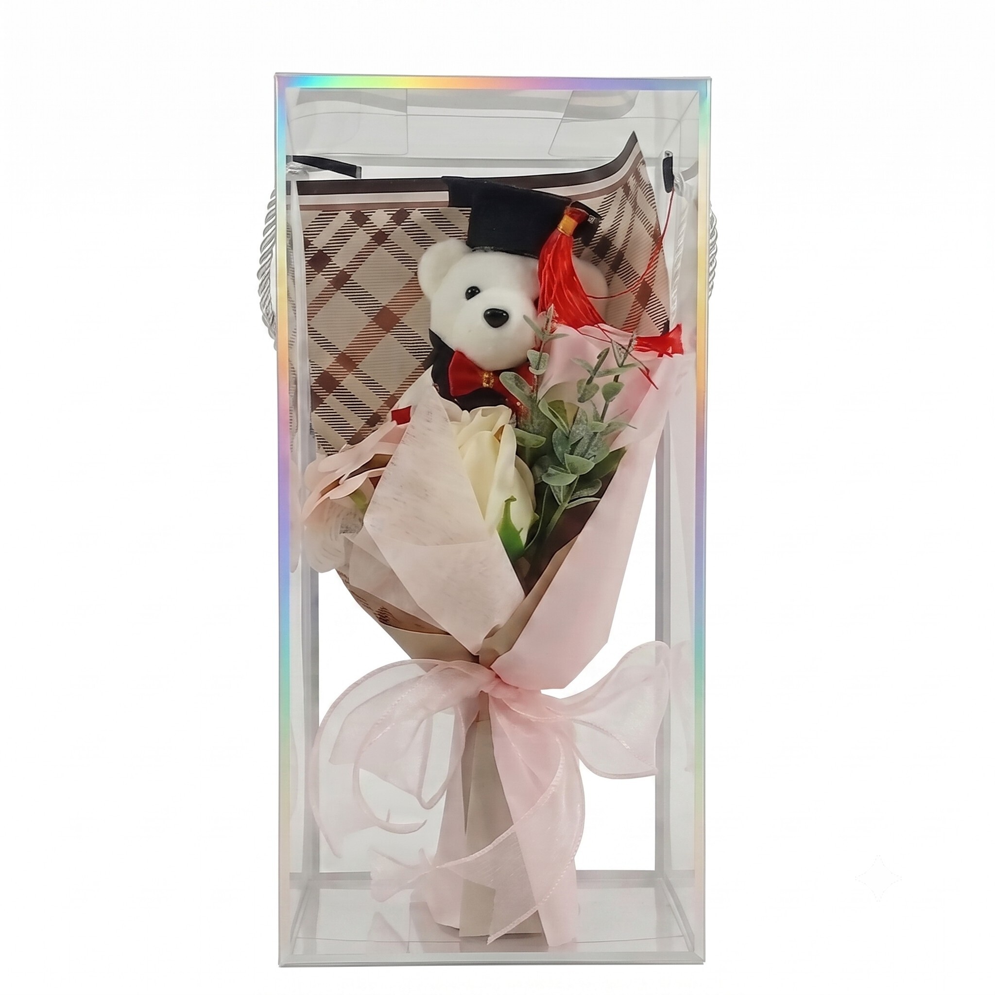 Graduation Gift Teddy Bear with Flower Bouquet in Transparent Gift Bag - 12 x 27 cm