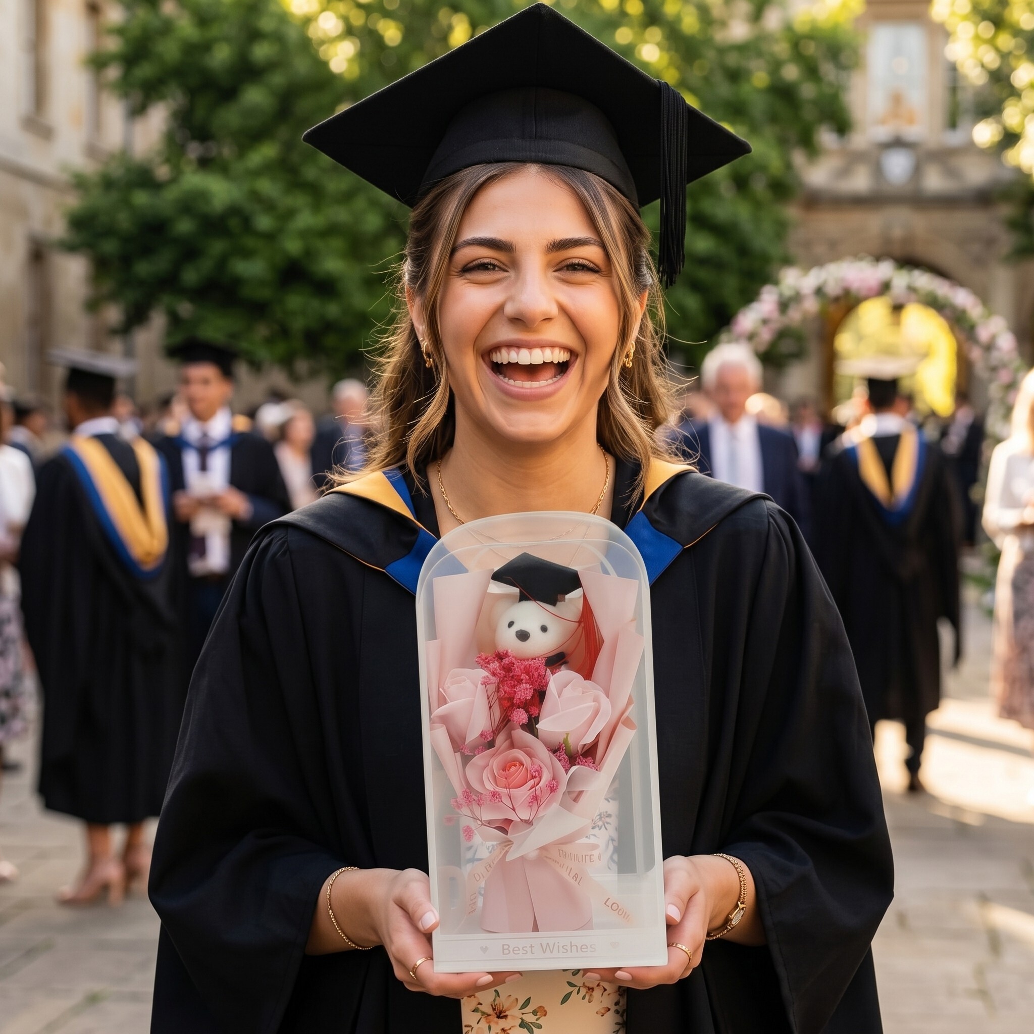 Graduation Gift with Teddy Bear and Synthetic Roses - Pink - 13 x 26
