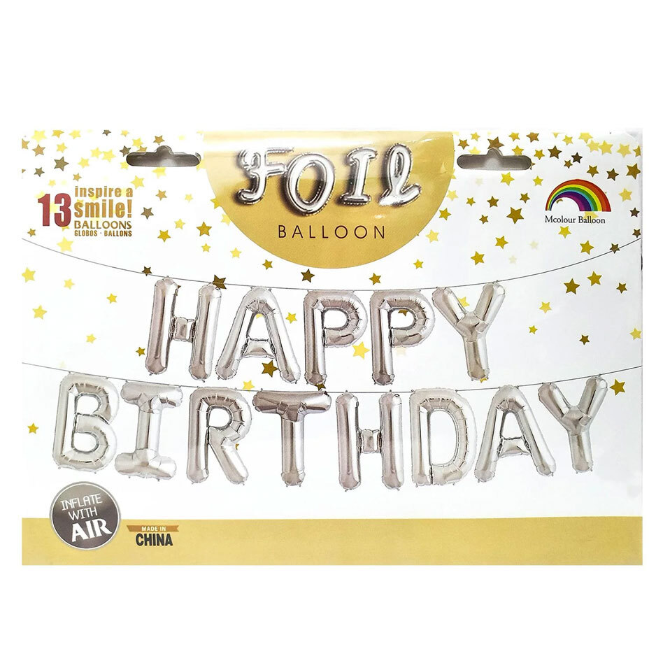 Balloons Letters Silver Happy Birthday - Formed Word - 34cm height (Packaged)