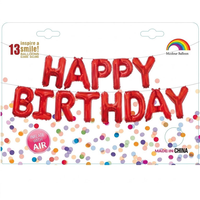 Μπαλόνια Γράμματα Κόκκινα Happy Birthday - Σχηματισμένη Λέξη - 34εκ ύψος (Συσκευασμένο)