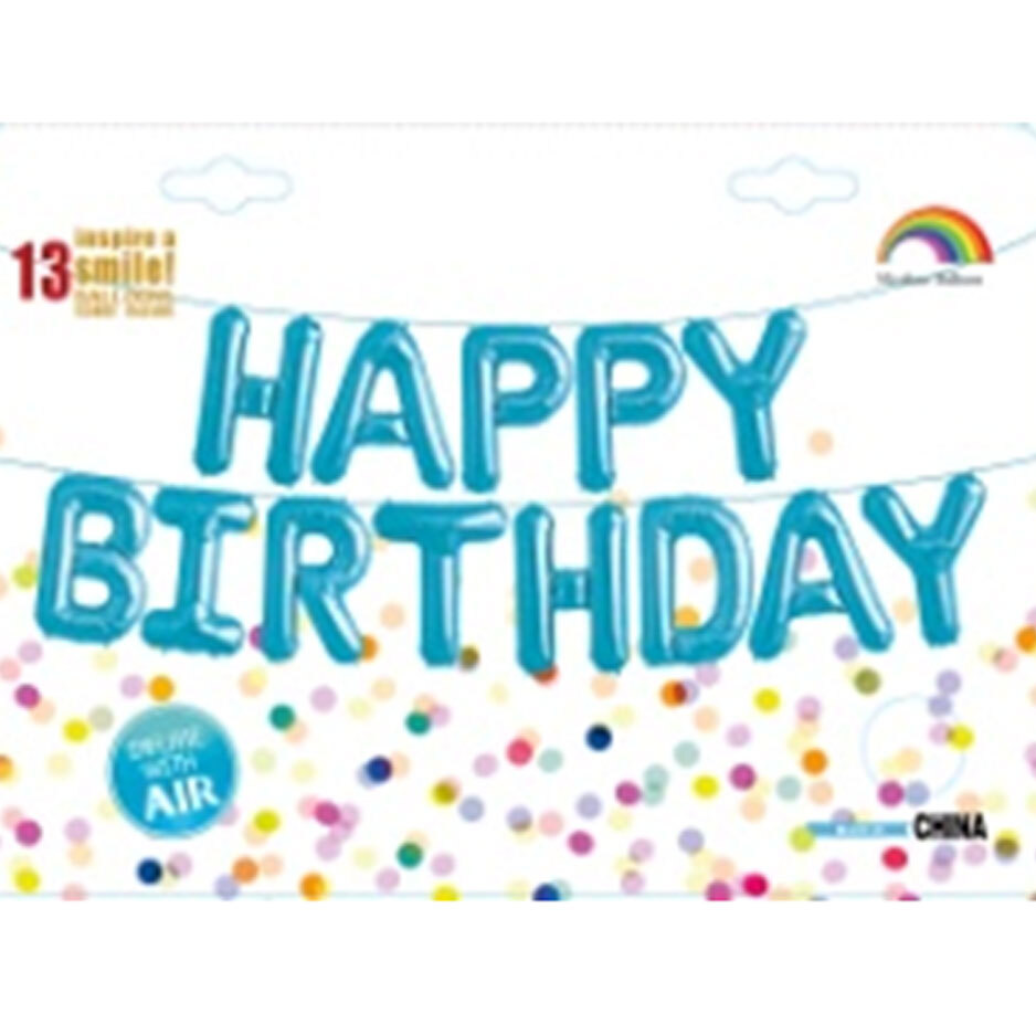 Balloons Letters Light Blue Happy Birthday - Formed Word - 34cm height (Packaged)
