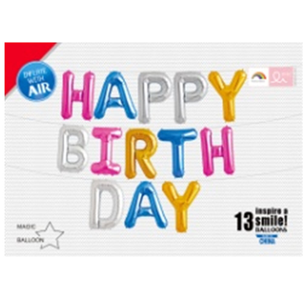 Balloons Letters Mixed Colors Happy Birthday - Formed Word - 34cm height (Packaged)