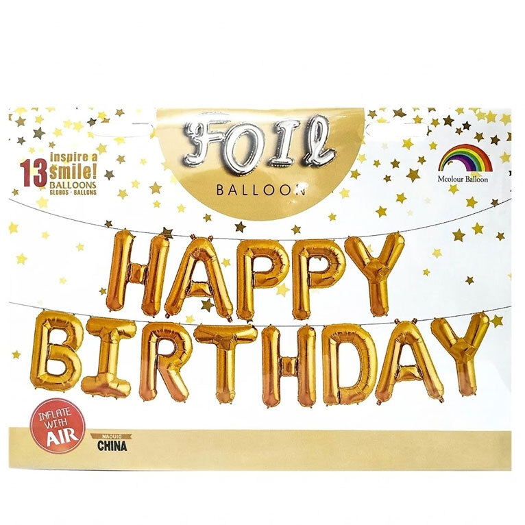 Balloons Letters Gold Happy Birthday - Formed Word - 34cm height (Packaged)