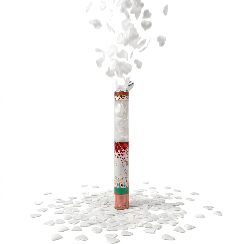 Confetti Cannon with White Fabric Hearts - 40cm Tube