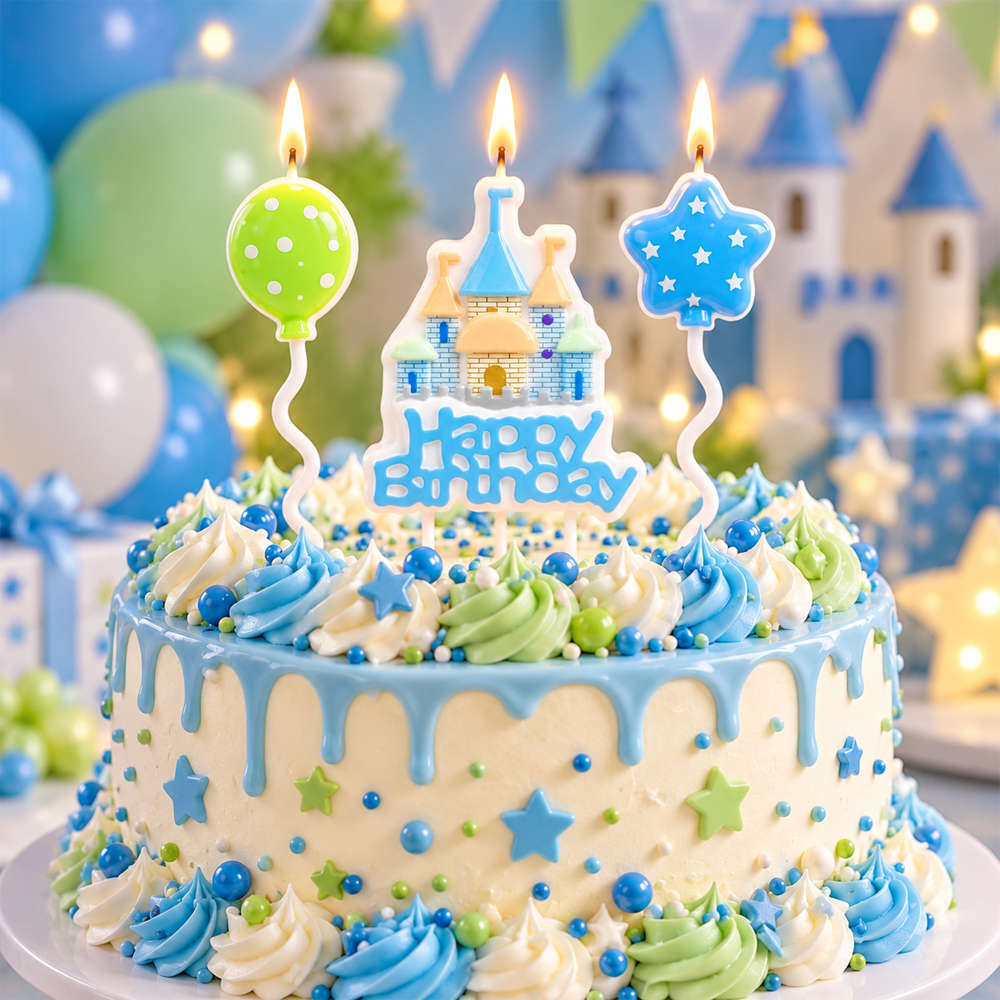 Κεράκια Happy Birthday Γαλάζιο Κάστρο και Μπαλόνια (3 Τεμάχια) 15 εκατοστά 