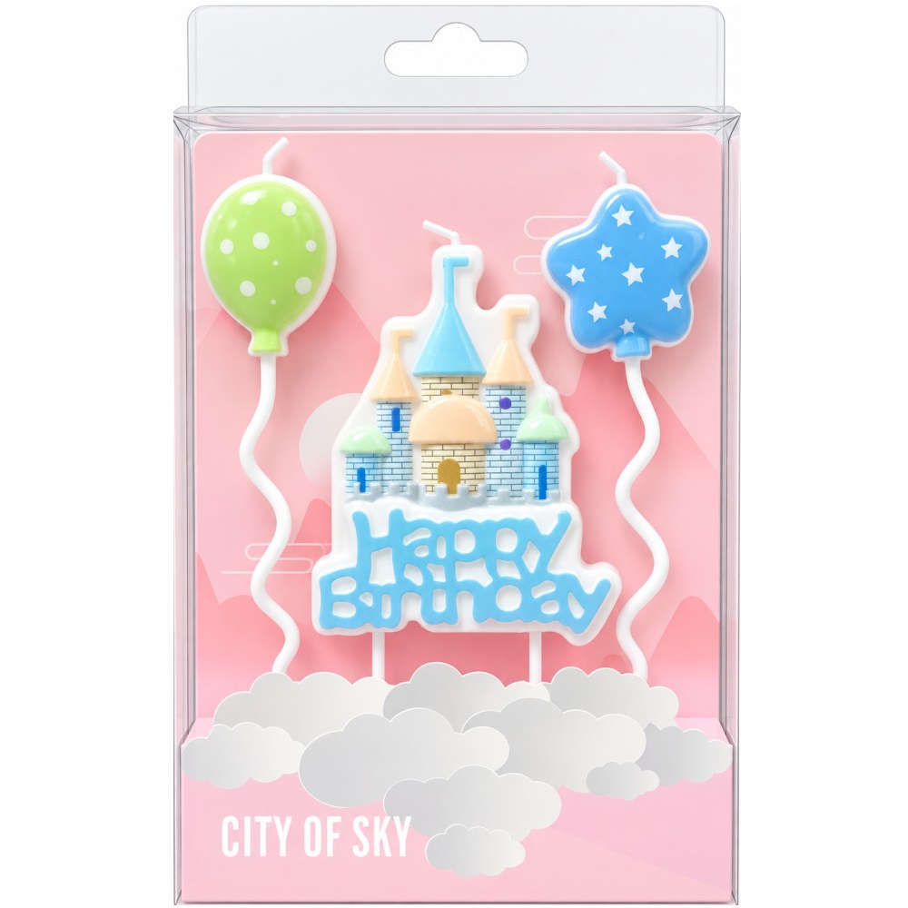 Κεράκια Happy Birthday Γαλάζιο Κάστρο και Μπαλόνια (3 Τεμάχια) 15 εκατοστά 