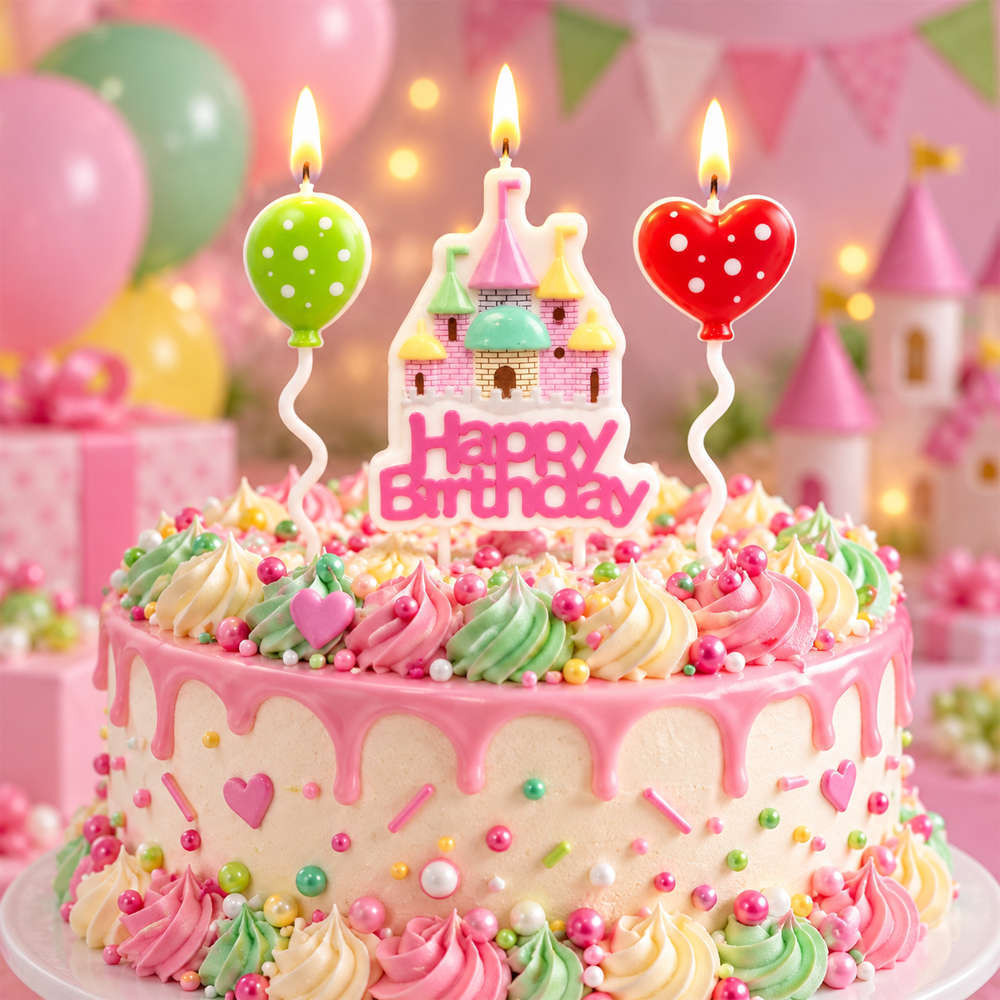 Candles Happy Birthday Pink Castle and Balloons (3 Pieces) 15 cm