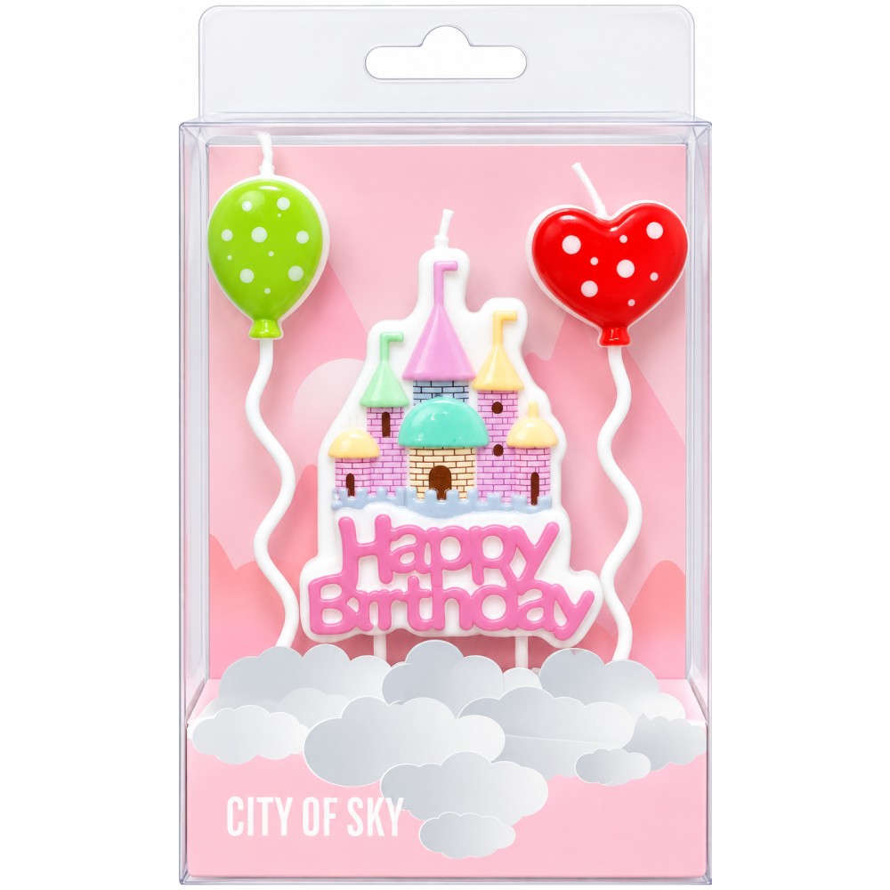 Candles Happy Birthday Pink Castle and Balloons (3 Pieces) 15 cm