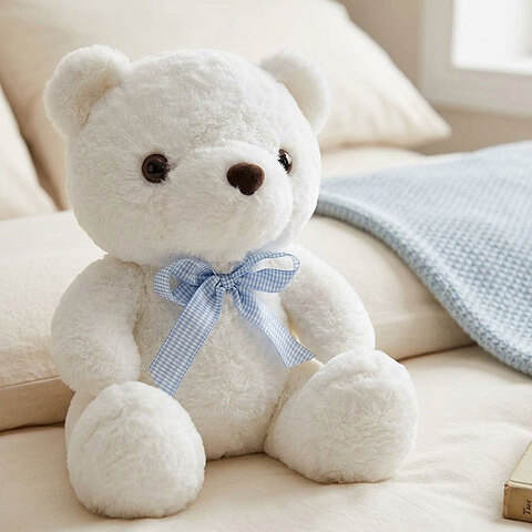 White Teddy Bear with Light Blue Ribbon - 25 Centimeters