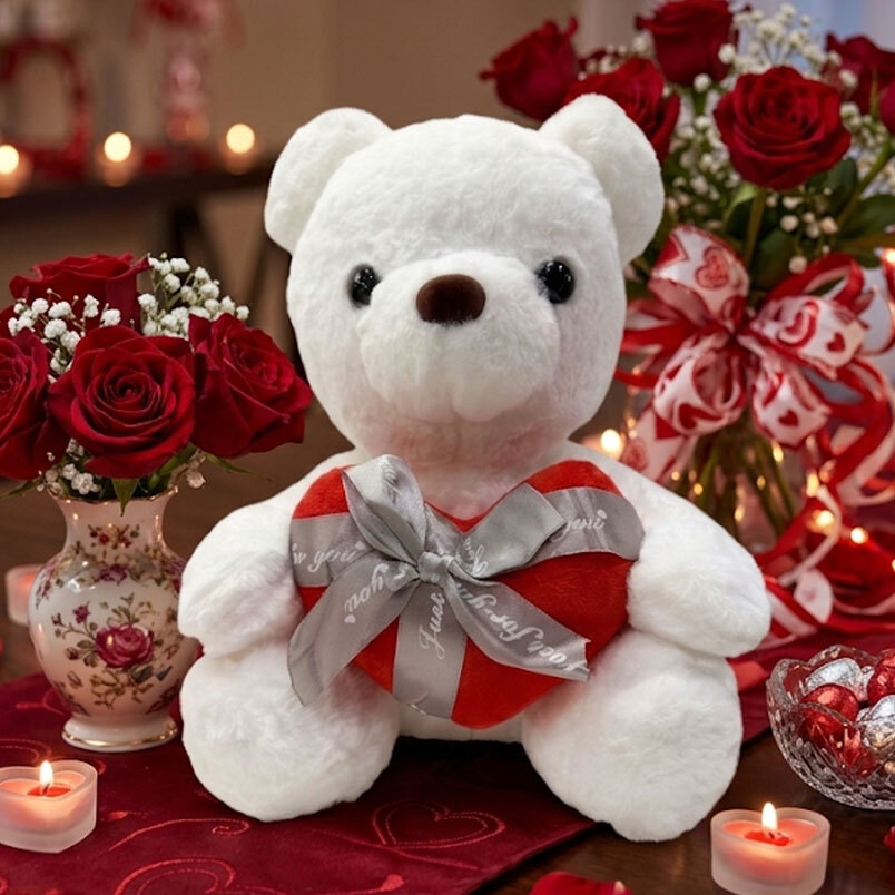 Stuffed Toy Bear White with Heart and Grey Bow Premium - 30cm