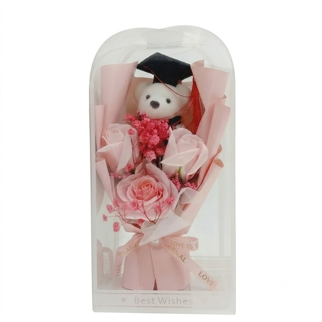 Graduation Gift with Teddy Bear and Synthetic Roses - Pink - 13 x 26
