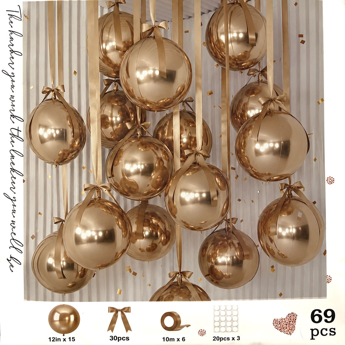 Μπαλόνια Latex 12'' Elegant Decoration Rose Gold σετ 69 τεμ (περιλαμβάνει τα μπαλόνια και τις κορδέλες τους)  