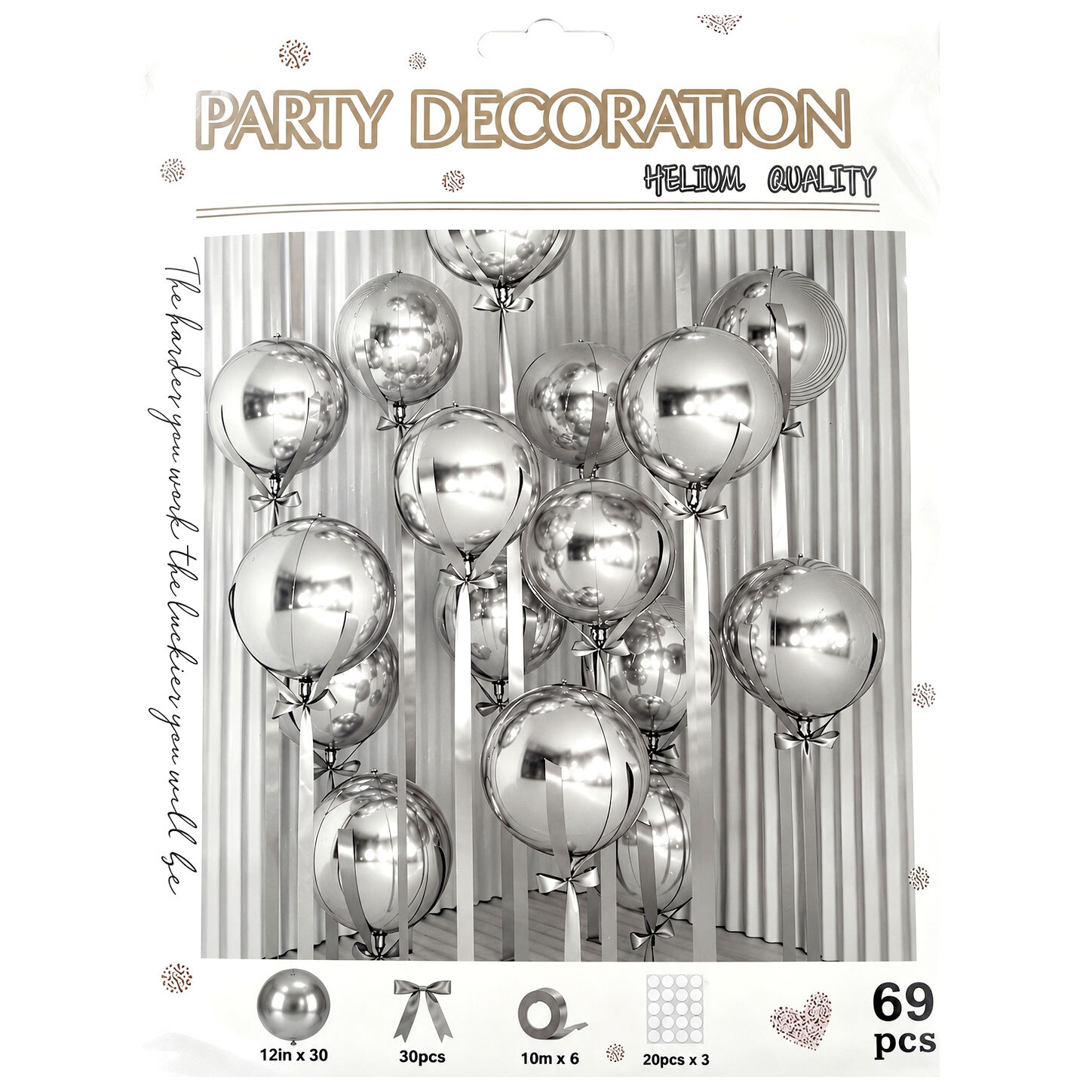 Μπαλόνια Latex 12'' Elegant Decoration Ασημί σετ 69 τεμ (περιλαμβάνει τα μπαλόνια και τις κορδέλες τους)  