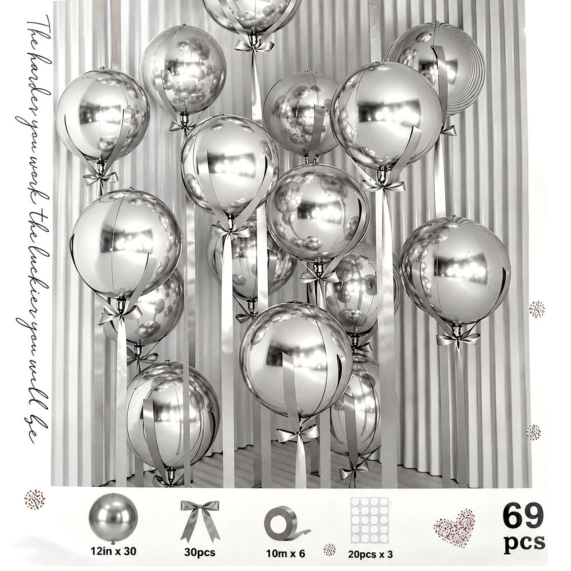 Μπαλόνια Latex 12'' Elegant Decoration Ασημί σετ 69 τεμ (περιλαμβάνει τα μπαλόνια και τις κορδέλες τους)  