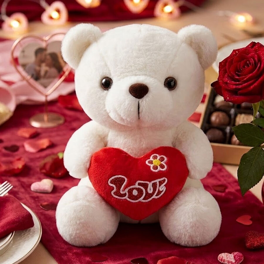 Stuffed Toy Bear with Red Heart Flower - 23 cm sitting