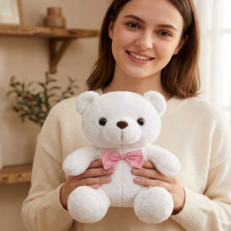 White Teddy Bear with Pink Bow - 25 Centimeters