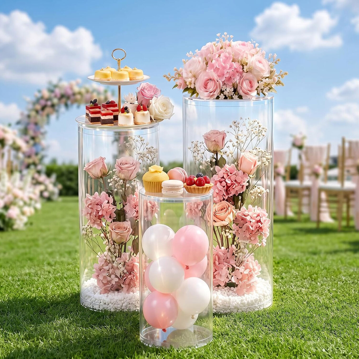 Κυλινδρικά Διάφανα Ακρυλικά Βάθρα Display Διακόσμησης Γάμου Βάπτισης - Σετ 3 τεμάχια