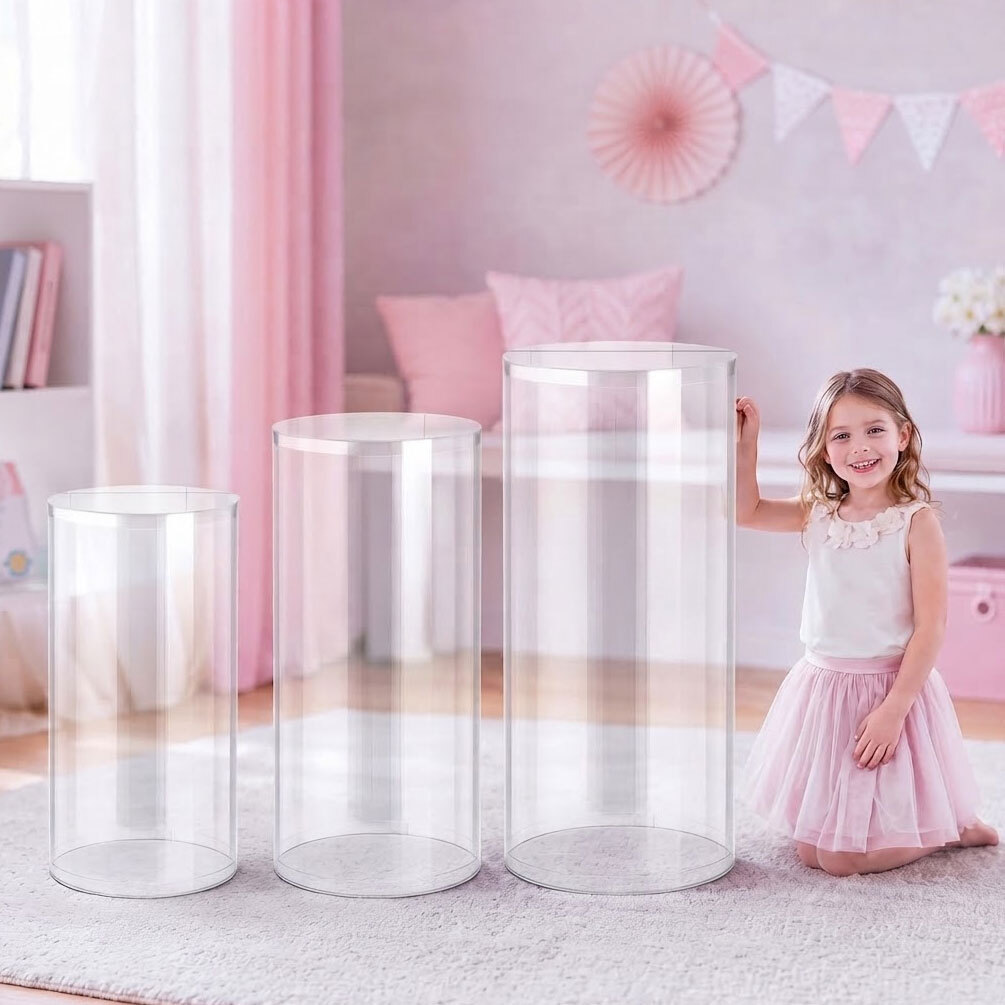 Κυλινδρικά Διάφανα Ακρυλικά Βάθρα Display Διακόσμησης Γάμου Βάπτισης - Σετ 3 τεμάχια