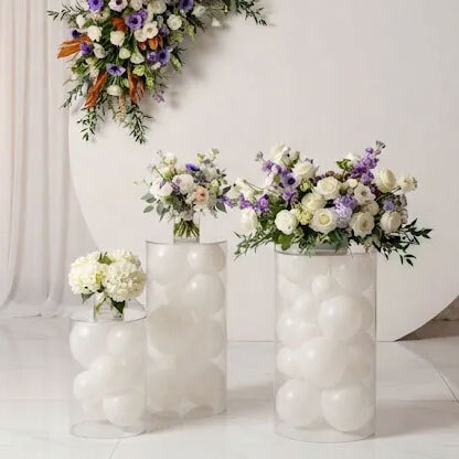 Transparent Cylindrical Acrylic Display Pedestals for Wedding and Christening Decoration - Set of 3 pieces